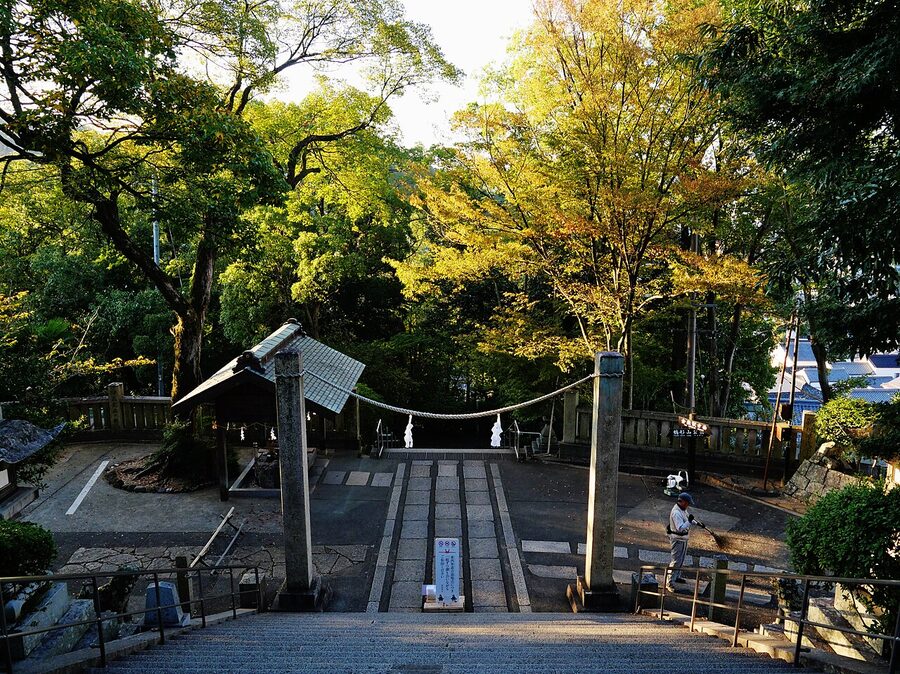The stone staircase leading up to Achi Shrine above Kurashiki Bikan