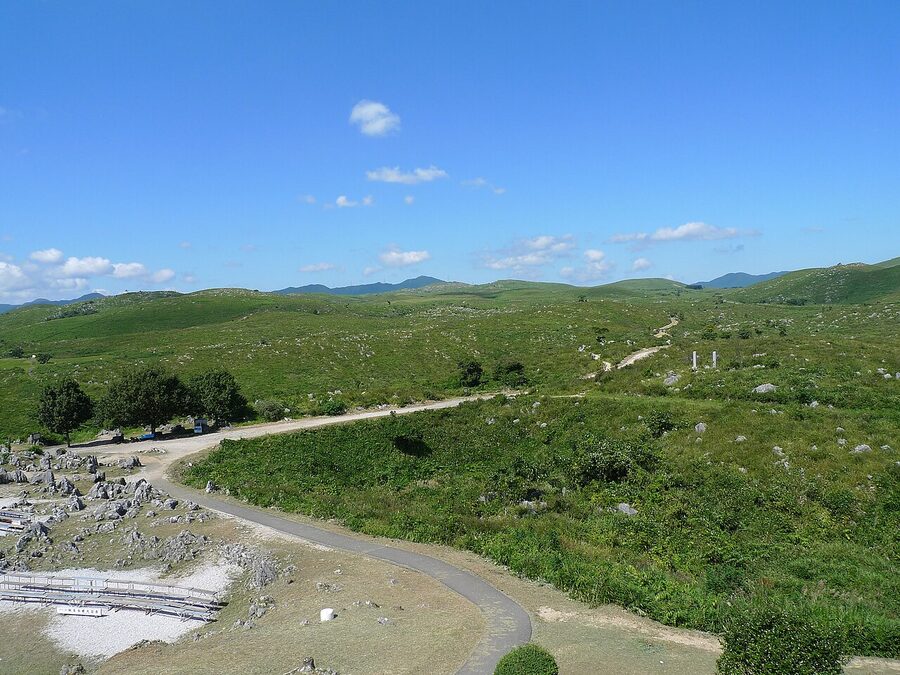 Wider view of the Akiyoshidai karst grassland with scattered limestone outcrops