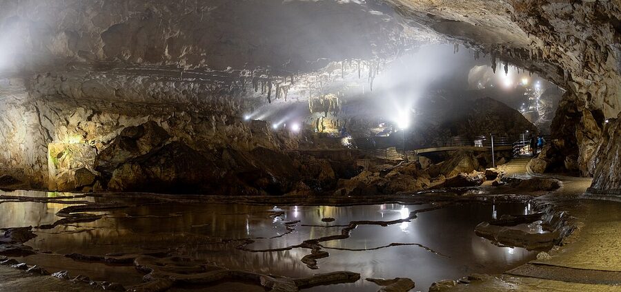 The interior of Akiyoshido limestone cave with illuminated formations