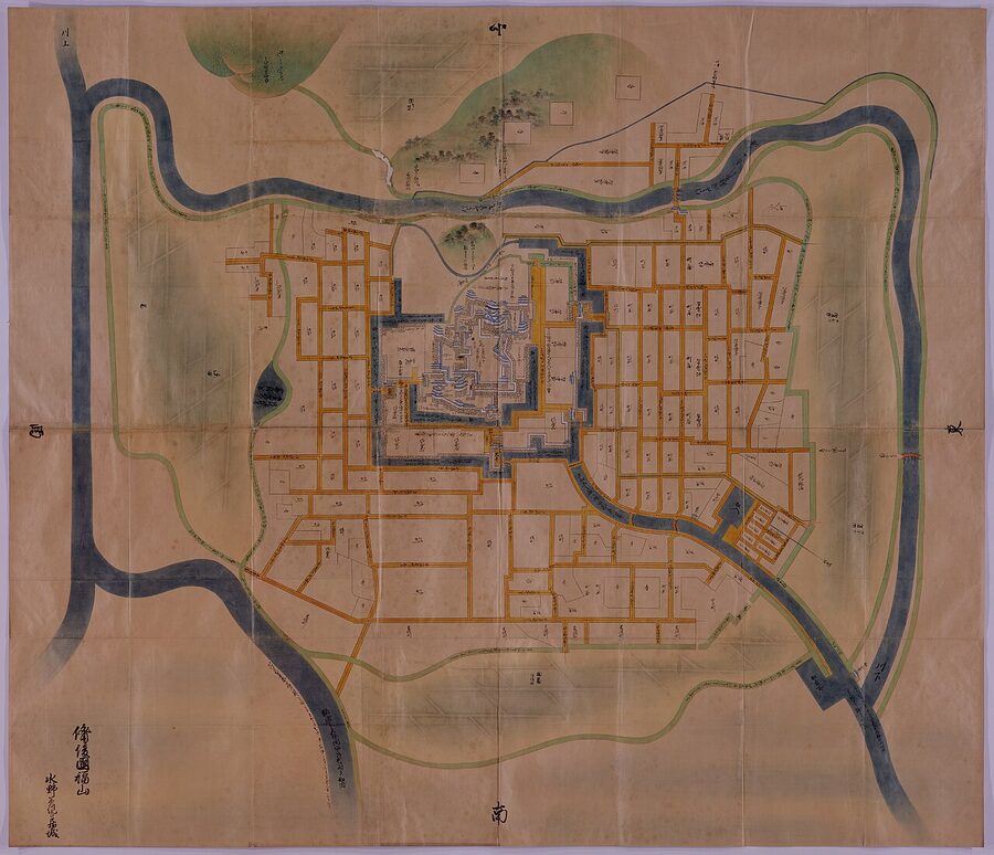 A 1644 map showing the layout of Fukuyama Castle and its town