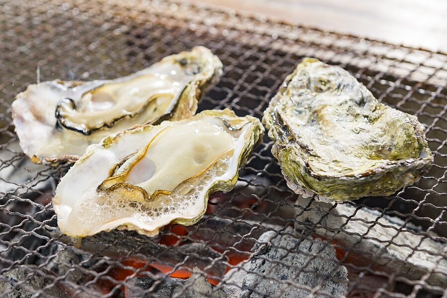 A kaki-goya oyster hut with grills set up for all-you-can-eat oyster cooking