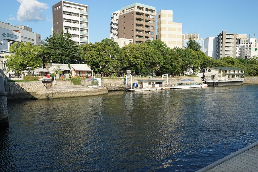 The Kanawa floating oyster boat restaurant anchored in a Hiroshima river