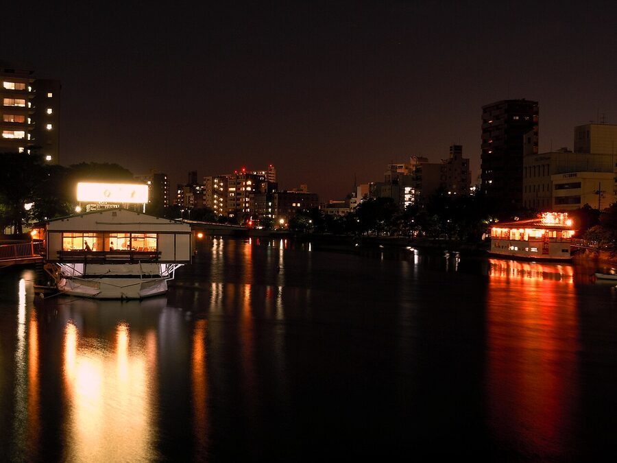 A traditional oyster boat at work in Hiroshima Bay