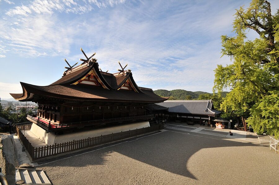 The 360-metre covered wooden corridor at Kibitsu Shrine in Okayama