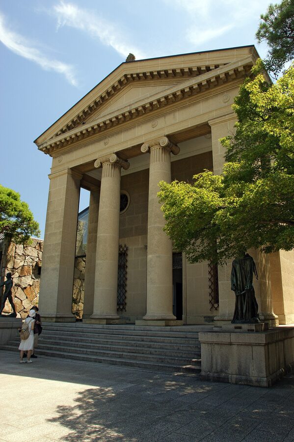 The neoclassical Greek-revival exterior of the Ohara Museum of Art in Kurashiki