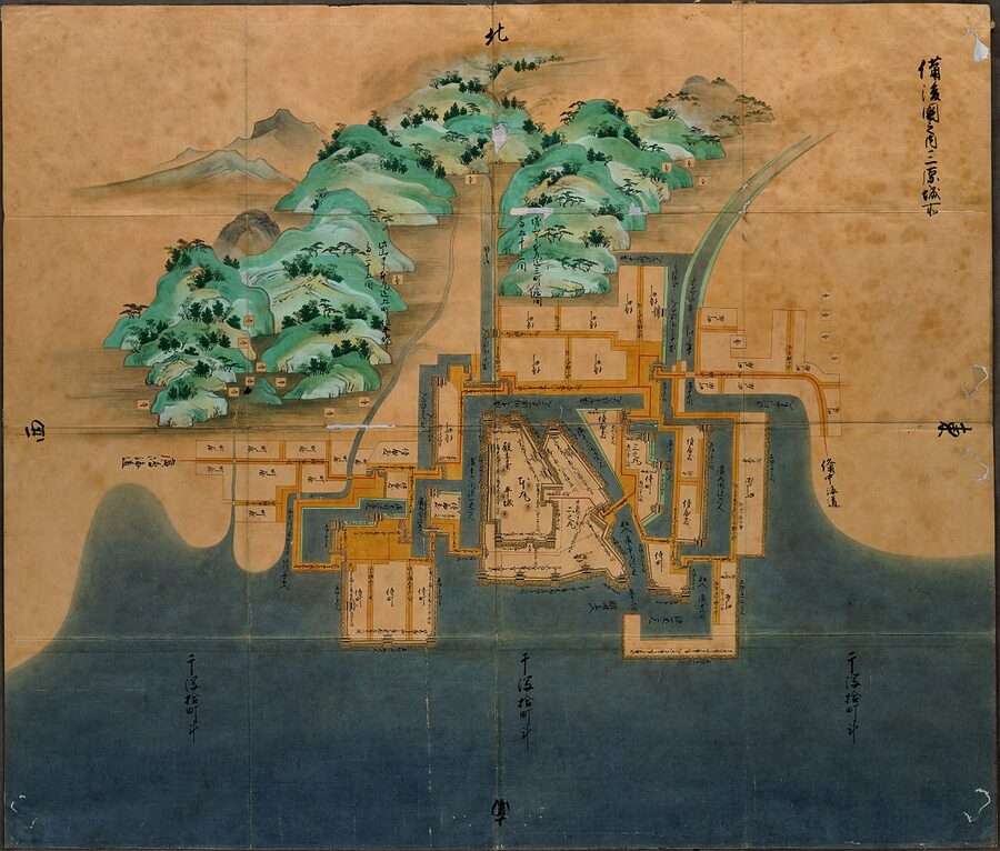 Mihara Castle Town shown on a 1644 map from the Hiroshima Domain archives