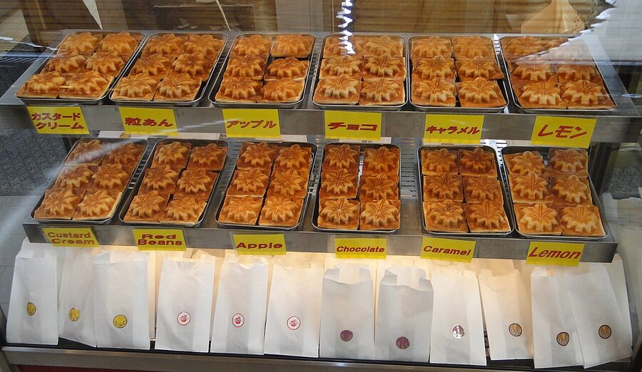 The Omotesando shopping street on Miyajima lined with food stalls and shops
