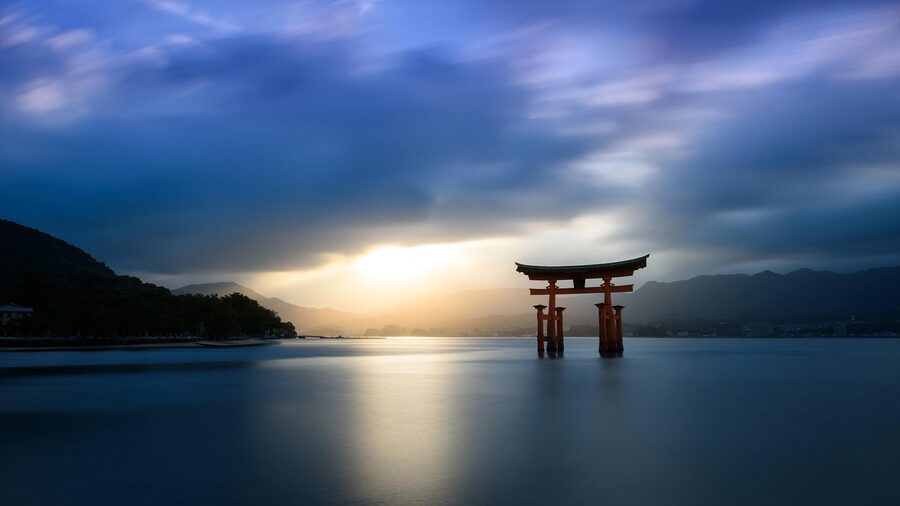 Miyajima Itsukushima torii gate with water reflection