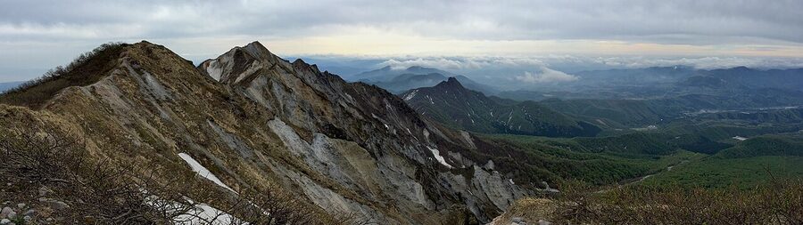 The alpine ridge of Mt Daisen in late spring with snow patches remaining