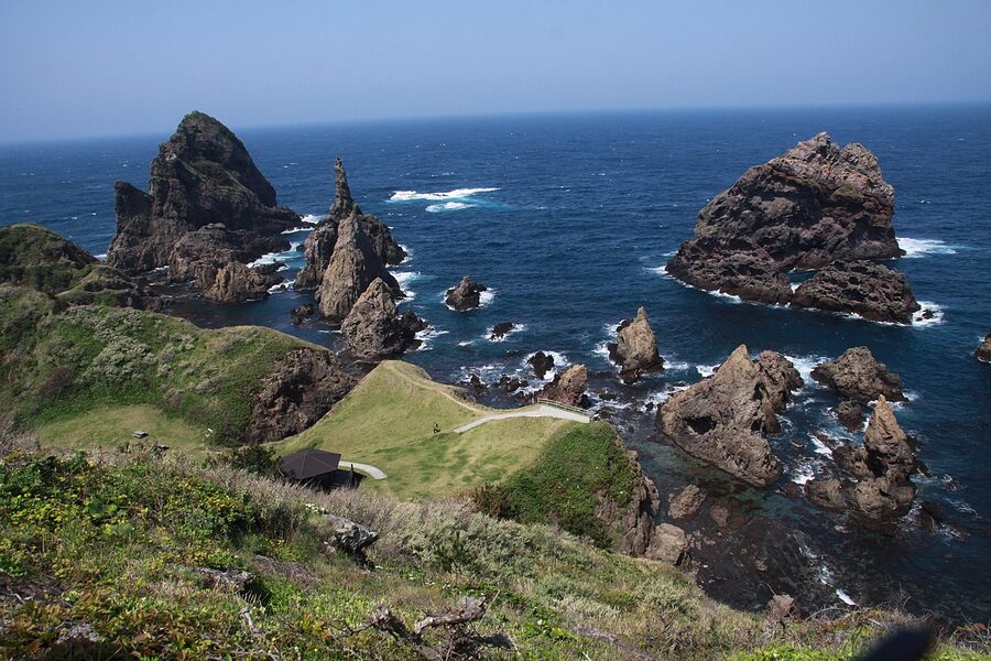 Wide panoramic view of the Kuniga coast cliffs on Nishinoshima