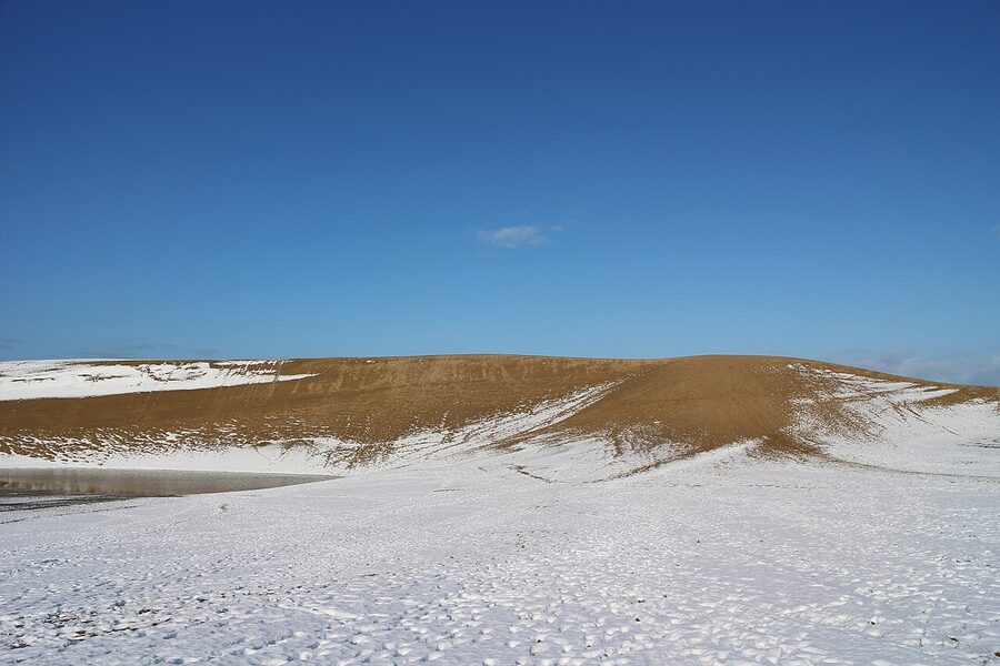 Panoramic view of the Tottori Sand Dunes with ridged sand formations