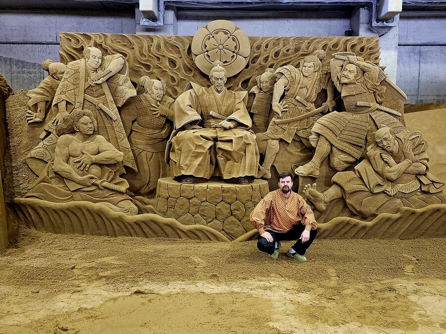 A detailed sand sculpture of Oda Nobunaga at the Tottori Sand Museum