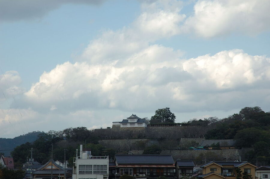 The tiered stone walls of Tsuyama Castle rising from Kakuzan Park
