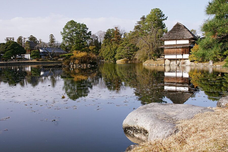 The central pond and stone arrangements at Shurakuen Garden, Tsuyama