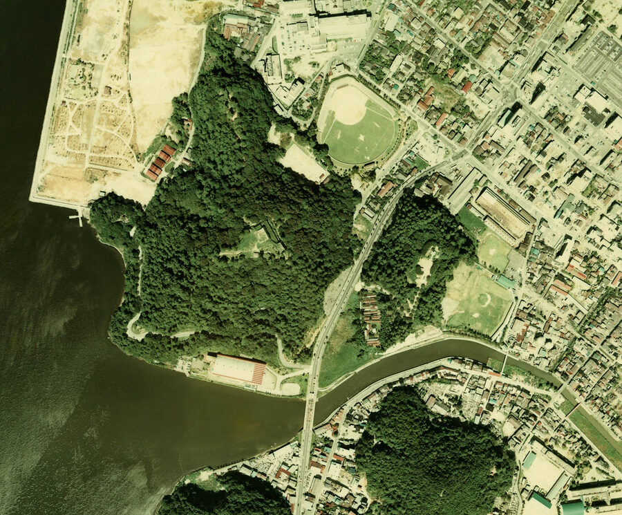 Aerial view of Yonago Castle's stone foundations